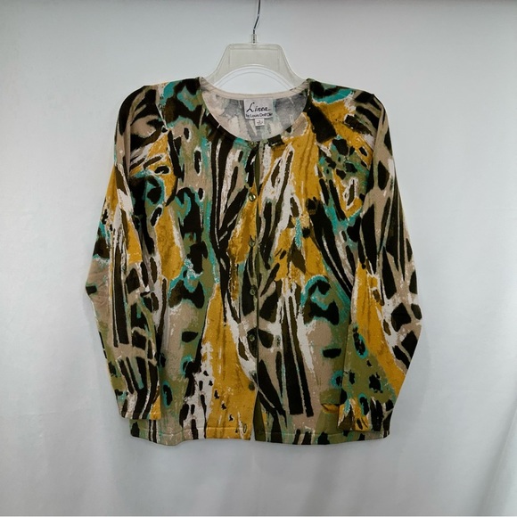 Linea Louis Dell’Olio Abstract Butterfly Cardigan Sweater Olive Print Large - Picture 1 of 7